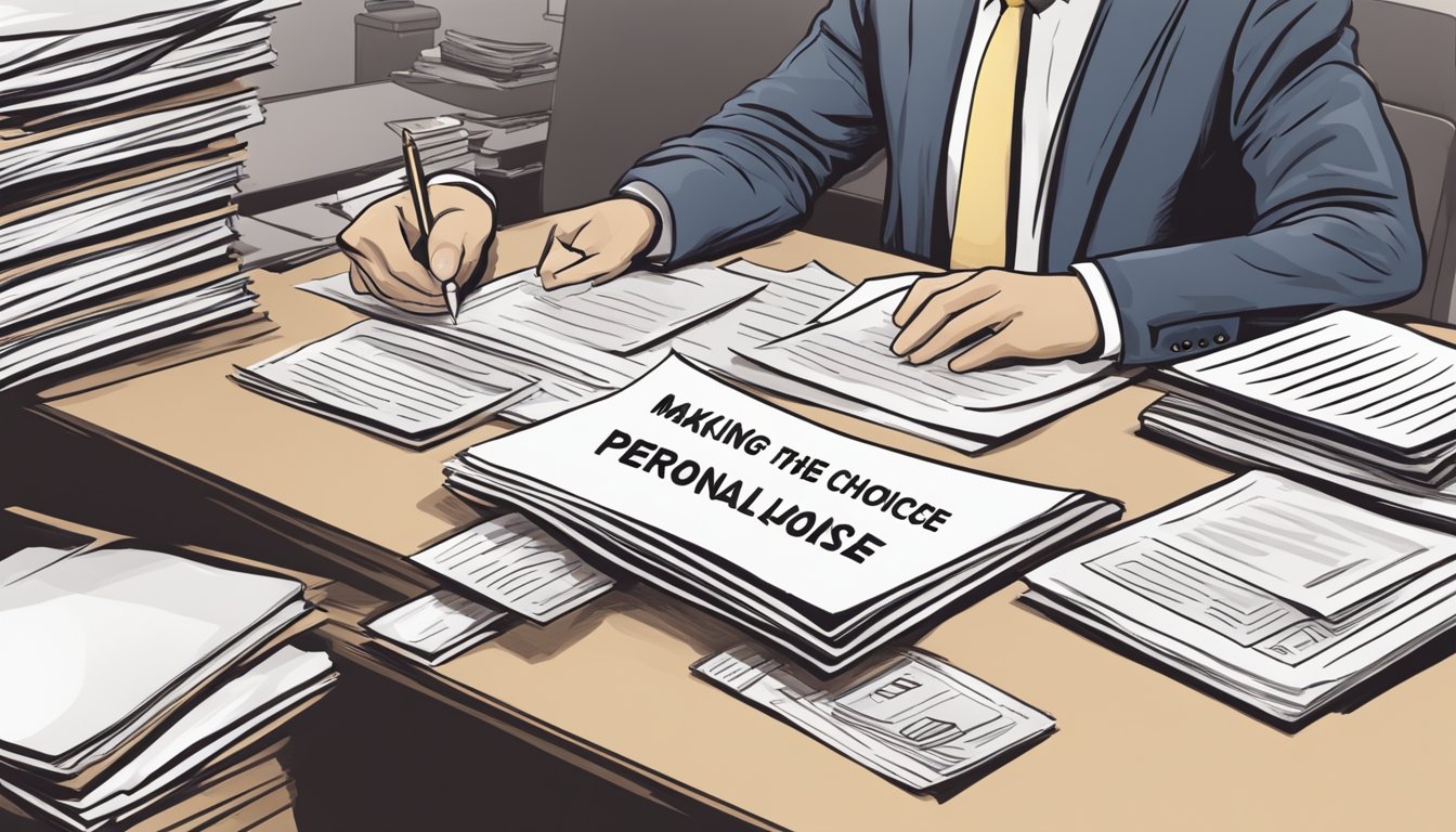 A lawyer confidently selects a document labeled "Making the Right Choice personal loan" from a stack of papers on a desk