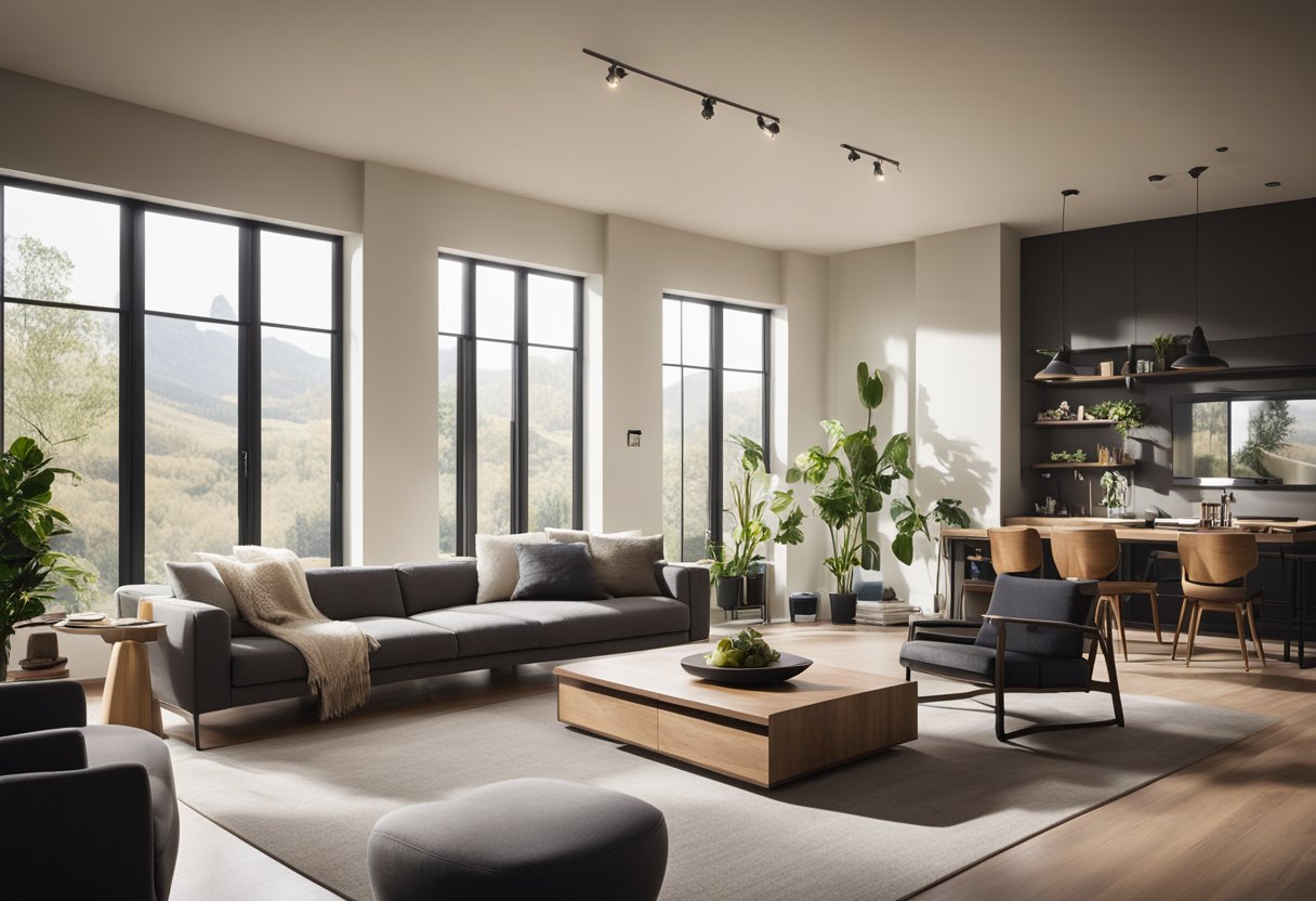 A well-lit living room with natural light streaming in through large windows, supplemented by strategically placed overhead and accent lighting to create a warm and inviting atmosphere