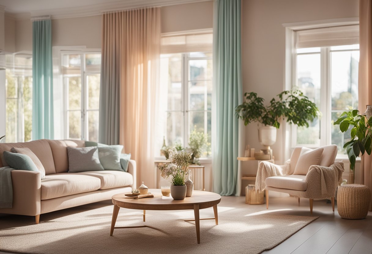 A cozy living room with pastel-colored furniture and soft, flowing curtains. Sunlight filters through the windows, casting a warm glow on the room