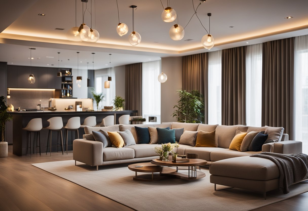 A cozy living room with warm, ambient lighting from recessed ceiling fixtures and decorative lamps, creating a comfortable and inviting atmosphere