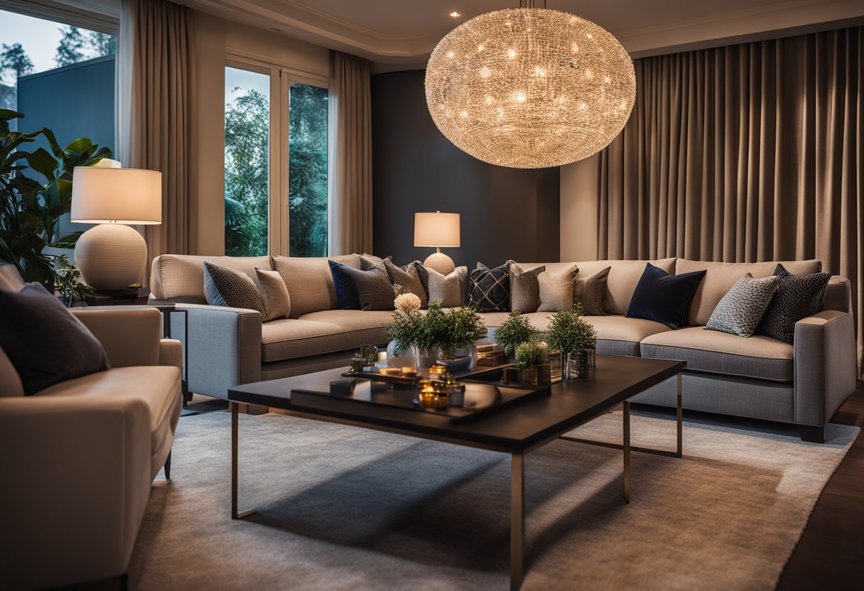 A cozy living room with warm, ambient lighting. A mix of recessed lights, floor lamps, and a statement chandelier creates a comfortable and inviting atmosphere