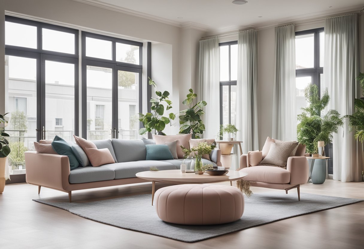 A modern living room with pastel-colored furniture, clean lines, and minimalistic decor. Light floods in through large windows, creating a bright and airy atmosphere