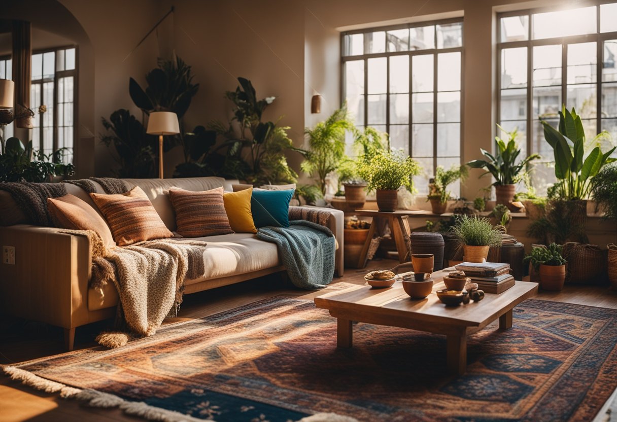 A cozy bohemian living room with colorful textiles, low seating, plants, and eclectic decor. Sunlight streams in through draped windows, casting warm shadows on the patterned rugs and floor pillows