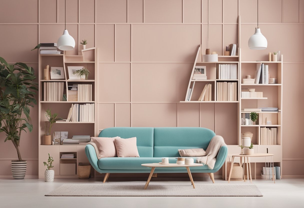 A cozy, pastel-colored interior with stylish furniture and decor, featuring a comfortable seating area and shelves filled with design books