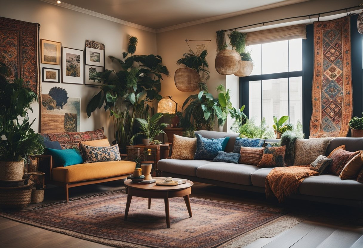 A cozy living room with colorful tapestries, floor cushions, and hanging plants. A mix of patterns and textures, with vintage rugs and eclectic artwork on the walls