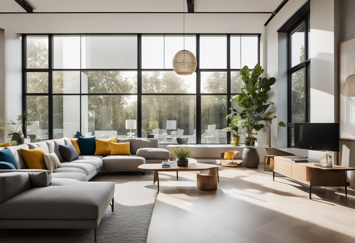 A spacious, open-plan living area with clean lines, minimalistic furniture, and geometric patterns. Large windows let in plenty of natural light, and the color palette is neutral with pops of bold, primary colors