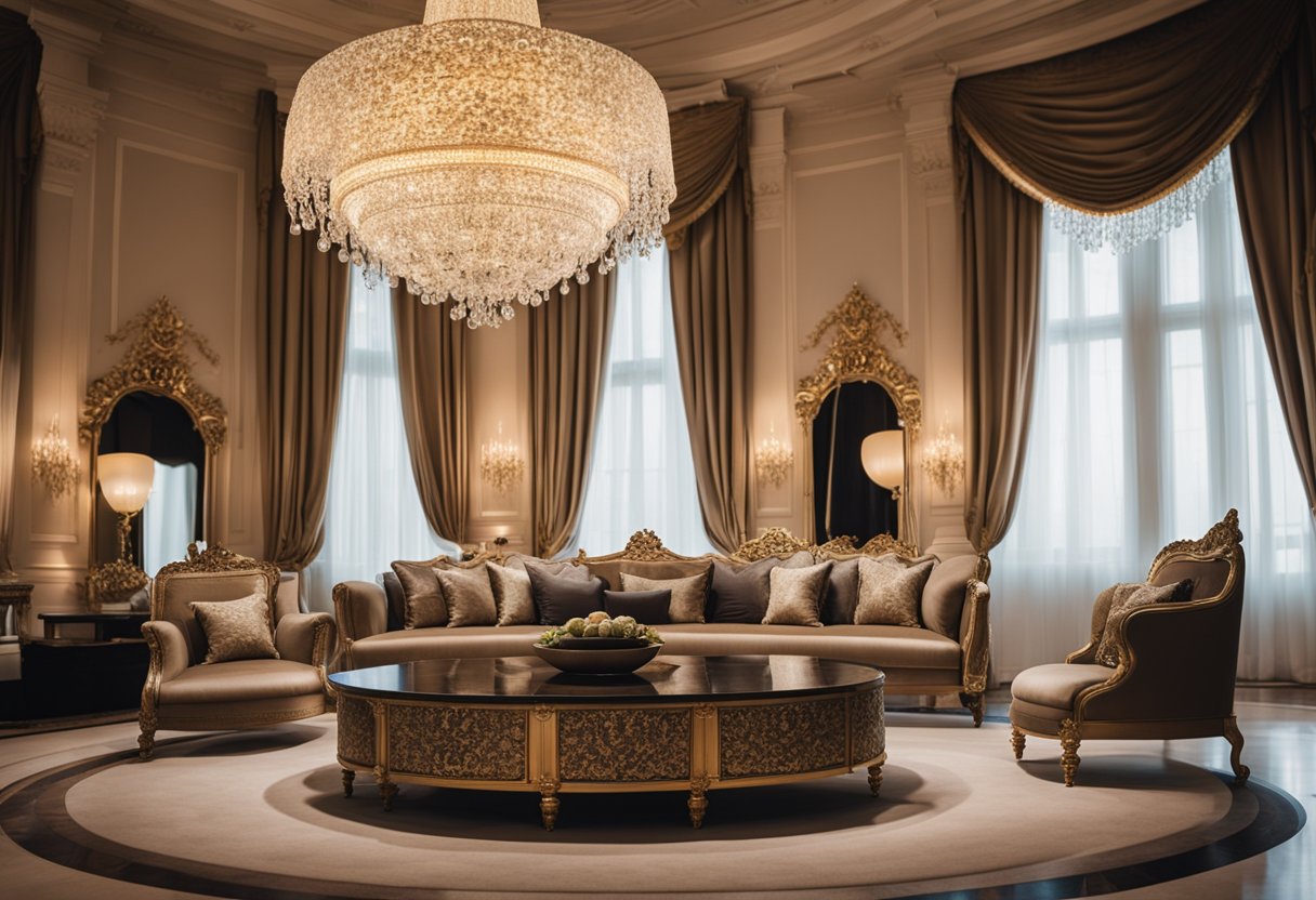 A grand chandelier illuminates a luxurious room with ornate furniture and elegant drapes, creating a stunning interior design