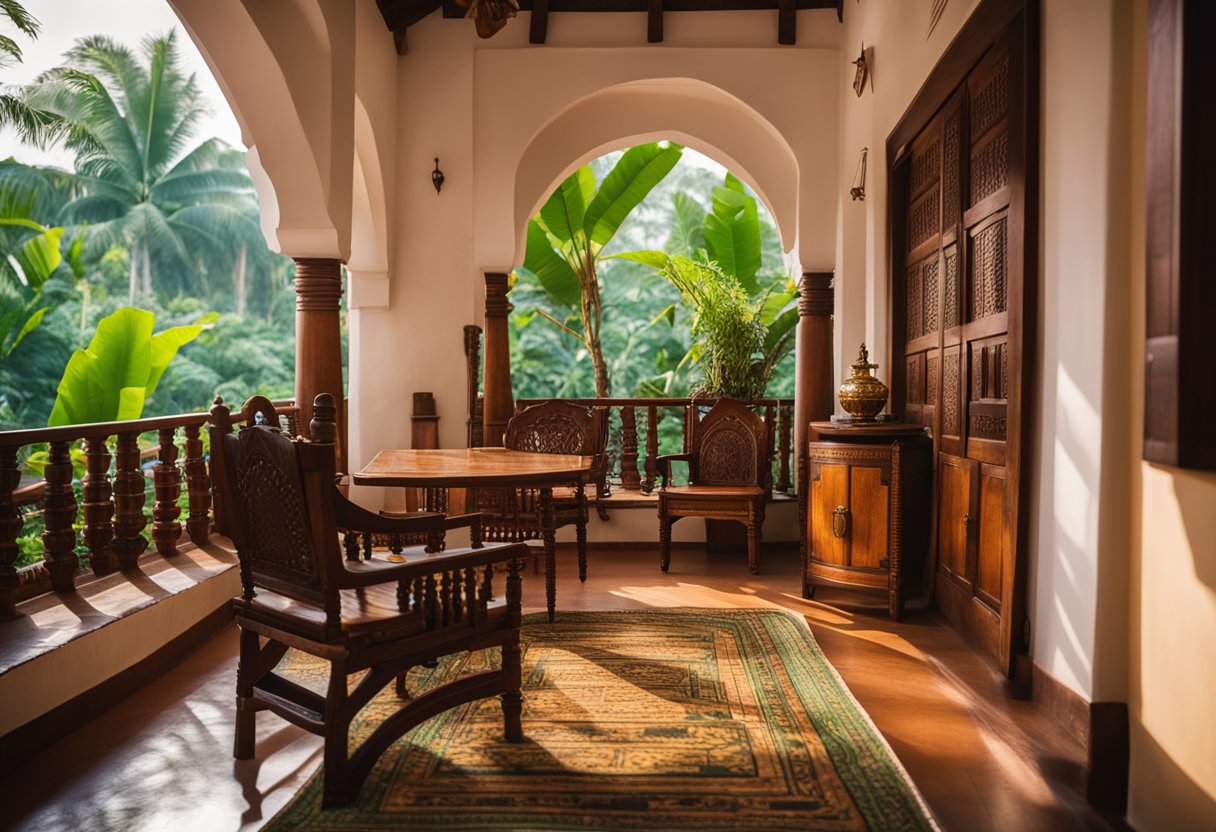 A traditional Kerala home interior with wooden furniture, vibrant colors, and intricate details