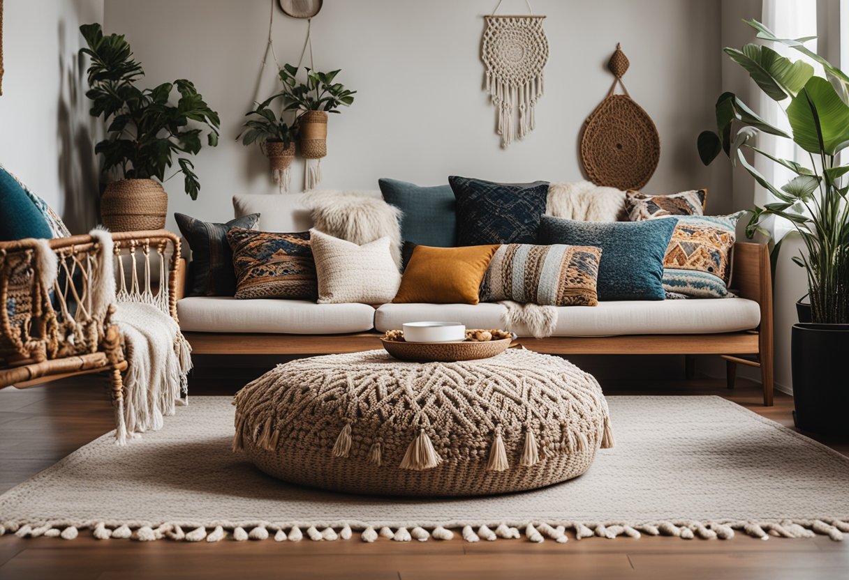 A cozy living room with eclectic furniture, vibrant textiles, and natural elements. A macrame wall hanging, floor cushions, and a mix of patterns and textures create a bohemian atmosphere