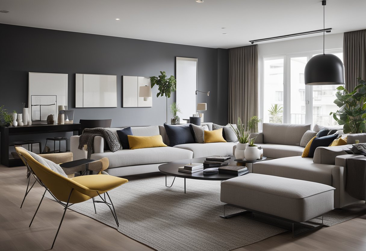 A modern, sleek living room with minimalist furniture and pops of color. Clean lines and open space create a sense of calm and sophistication