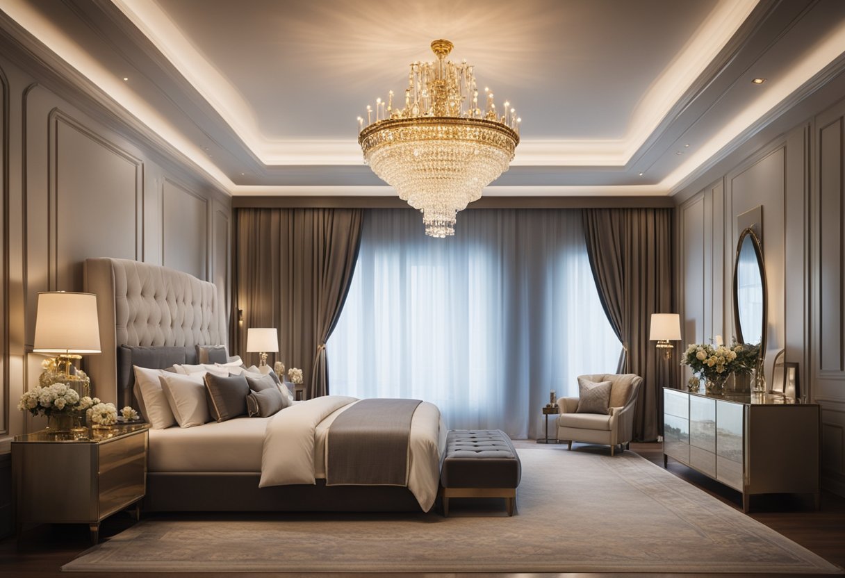 A grand chandelier illuminates a spacious, opulent bedroom with a king-sized bed, plush seating, and elegant decor