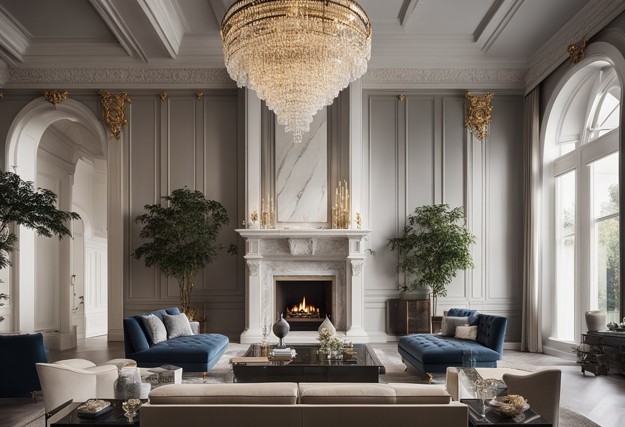 A luxurious living room with high ceilings, a grand chandelier, and plush velvet furniture arranged around a marble fireplace. Large windows let in natural light, highlighting the intricate details of the room