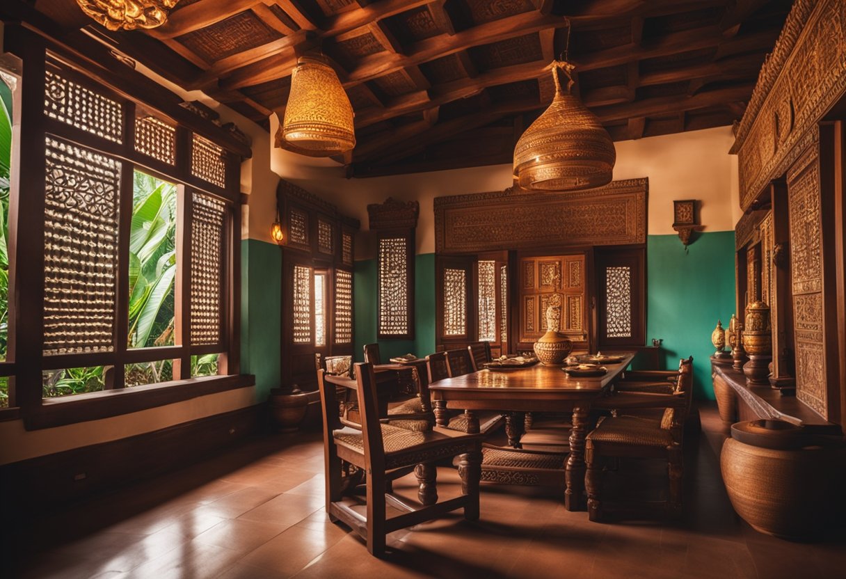 A traditional Kerala Veedu interior with wooden furniture, vibrant murals, and intricate carvings, showcasing the rich cultural heritage of Kerala