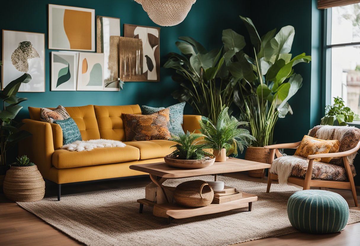 A cozy living room with eclectic furniture, vibrant colors, and textured fabrics. Plants and art pieces add a touch of bohemian charm