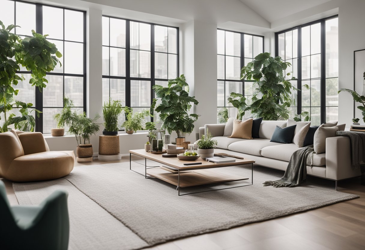 A modern living room with sleek furniture, clean lines, and a neutral color palette. Large windows let in natural light, and plants add a touch of greenery