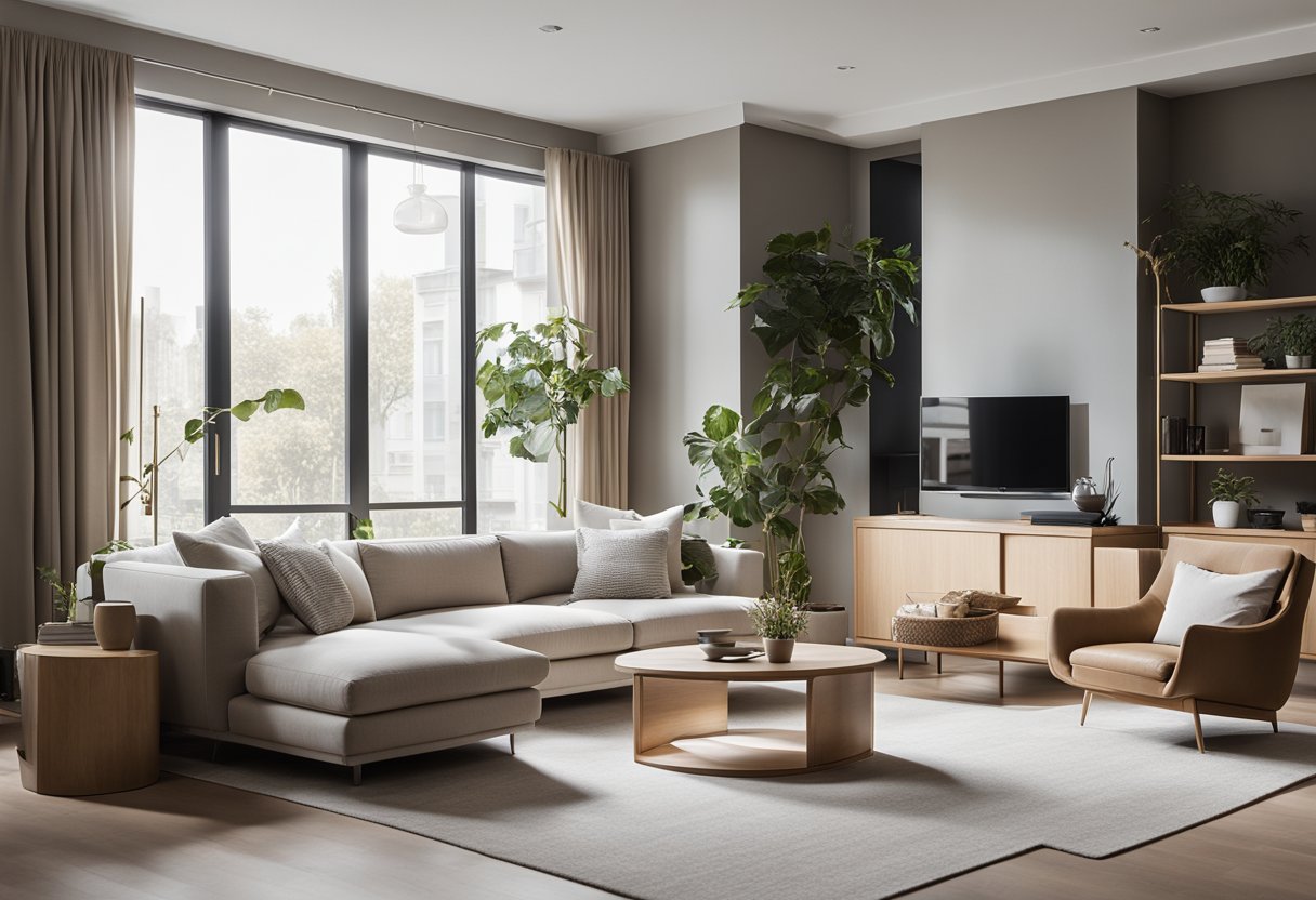 A modern, minimalist living room with clean lines, neutral colors, and natural materials. A large window lets in plenty of natural light, highlighting the functional yet stylish furniture and decor