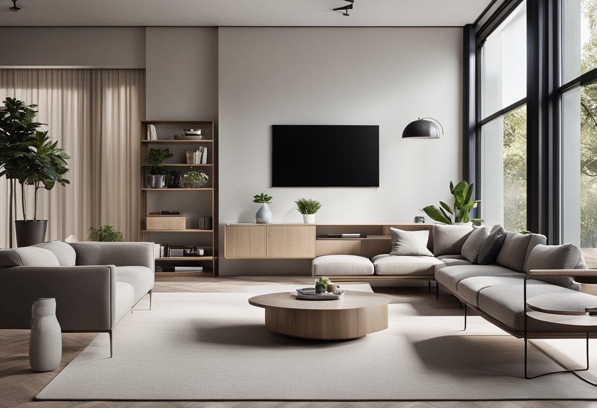 A modern living room with sleek furniture, neutral color palette, and large windows bringing in natural light. A minimalist design with clean lines and open space