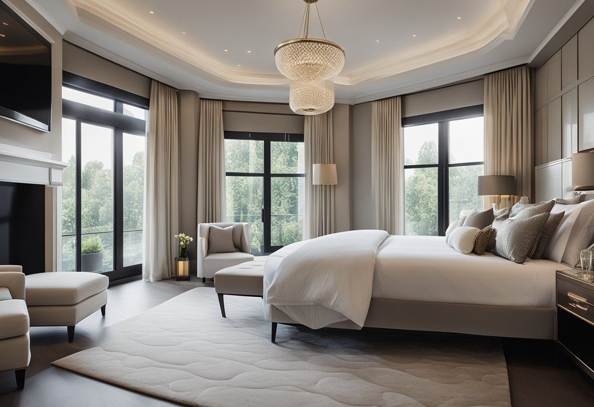 A spacious, elegant bedroom with a king-sized bed, plush bedding, and a sleek, modern design. Large windows let in natural light, highlighting the luxurious decor and creating a serene atmosphere