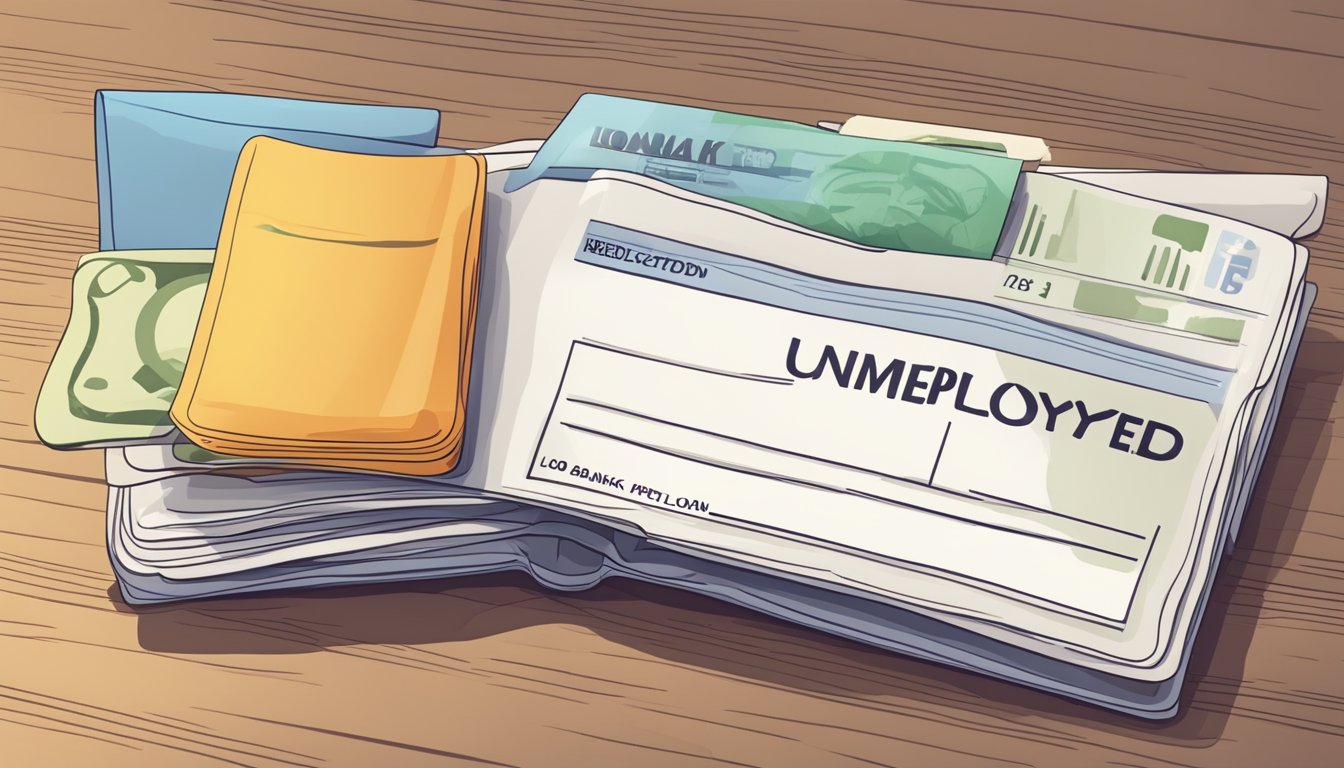 An empty wallet with a "unemployed" label, a bank statement showing zero balance, and a rejected loan application on a table