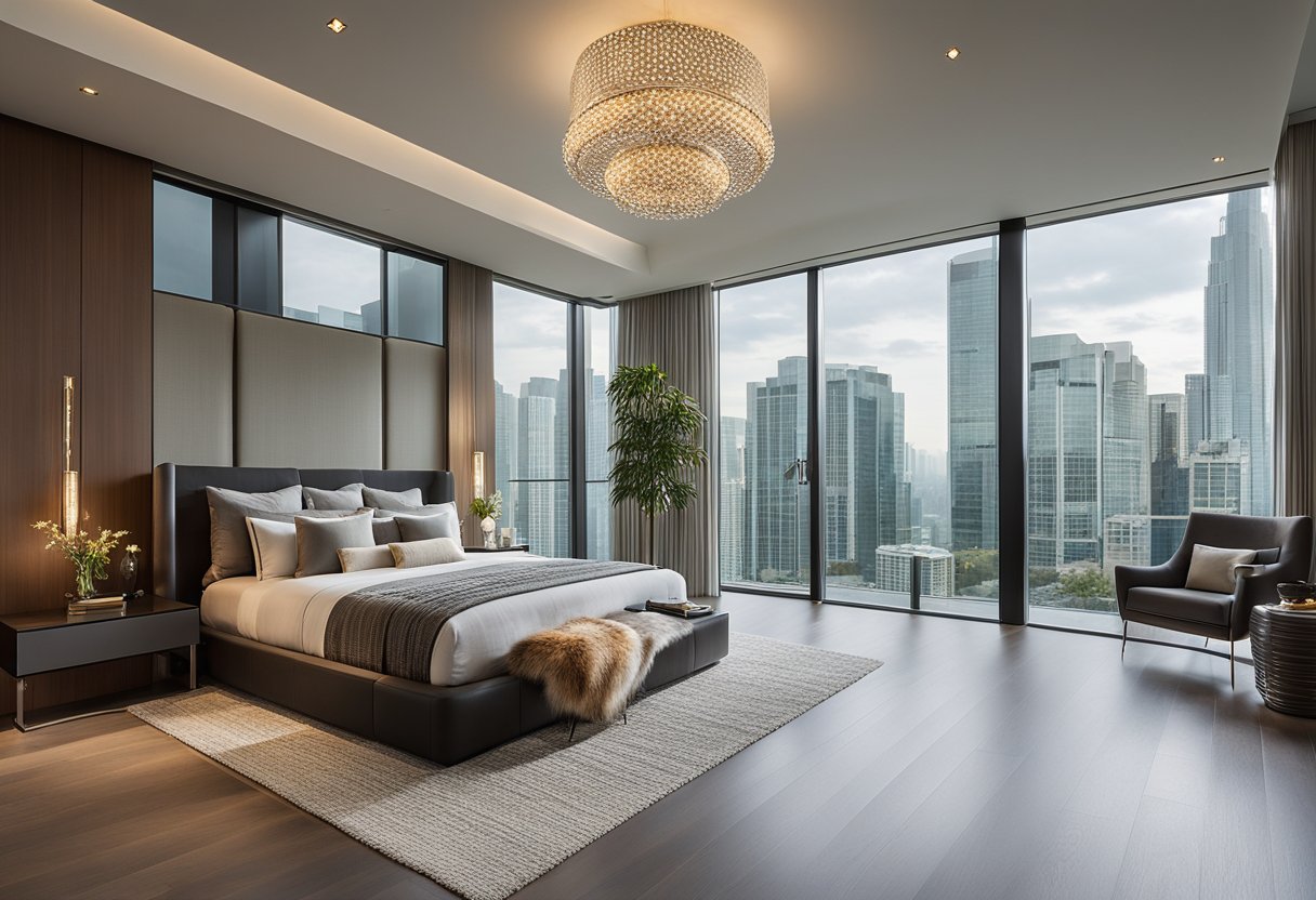A spacious bedroom with a king-sized bed centered against a backdrop of floor-to-ceiling windows, allowing natural light to flood the room. A sleek, modern chandelier hangs above, casting a warm and inviting glow throughout the space