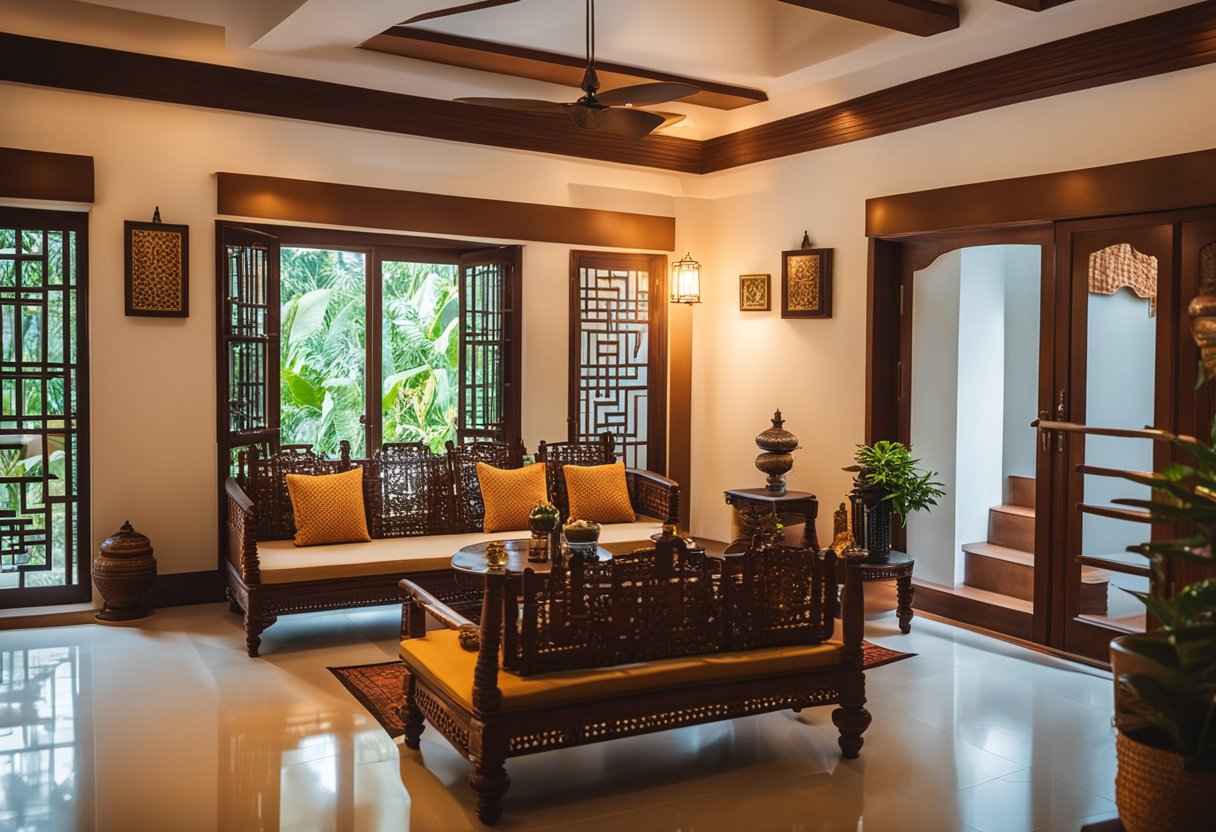 A cozy living room with traditional Kerala interior design, featuring wooden furniture, vibrant colors, and intricate patterns