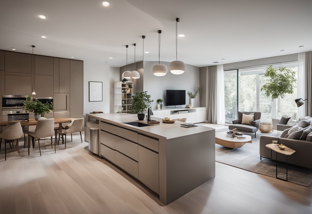 An open-concept living space with clean lines, minimalistic furniture, and neutral color palette. Geometric patterns and sleek surfaces add a modern touch
