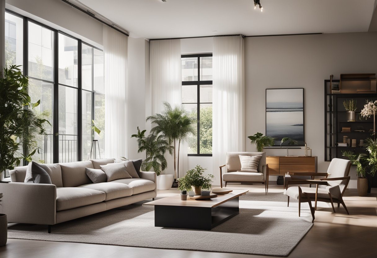 A modern living room with sleek furniture, a neutral color palette, and plenty of natural light streaming in through large windows