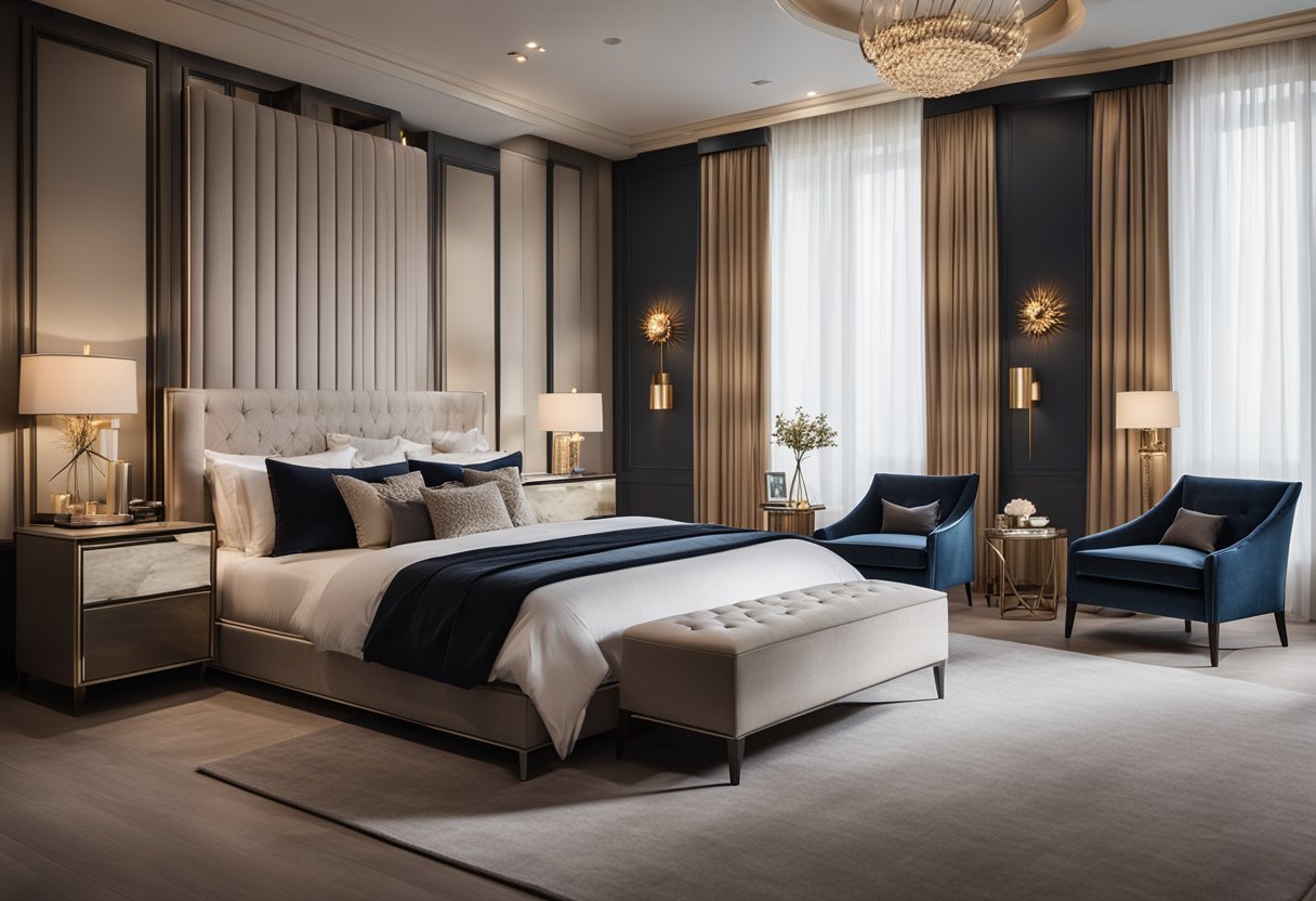 A luxurious bedroom with modern furniture, soft lighting, and elegant decor. A large, plush bed sits in the center of the room, surrounded by high-end nightstands and a stylish seating area