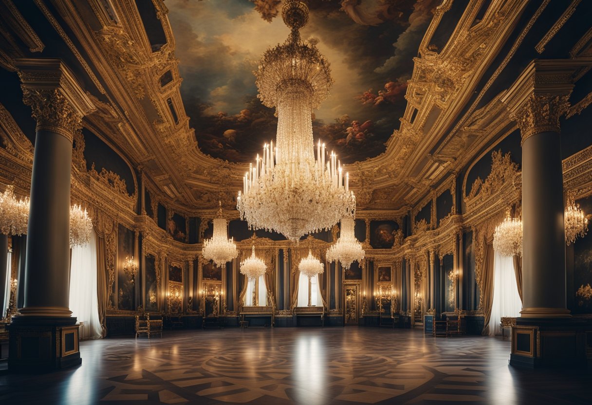 A grand Italian baroque interior with ornate marble columns, intricate ceiling frescoes, and opulent gold leaf details. Richly patterned tapestries and luxurious velvet draperies adorn the space, while elaborate chandeliers cast a warm,