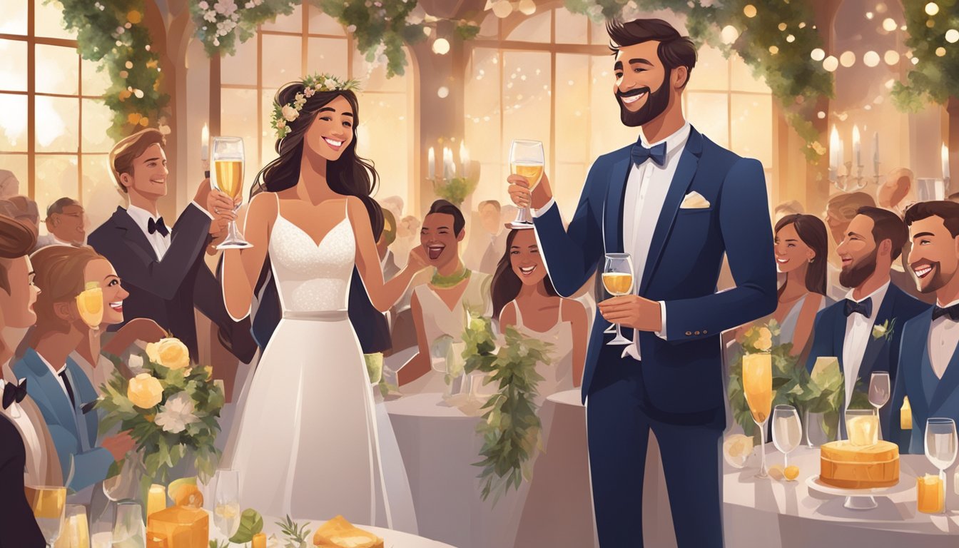A couple raises a glass in a festive toast, surrounded by elegant wedding decor and smiling guests