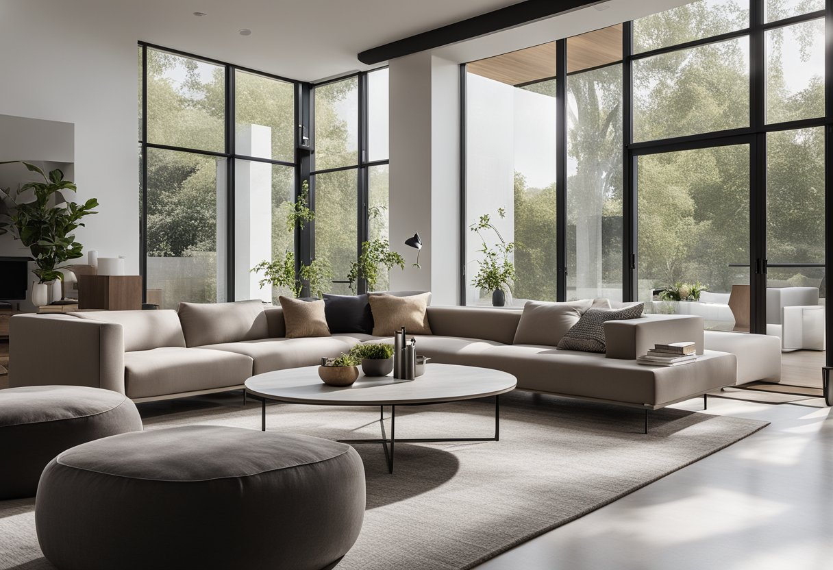 A sleek, open-concept living room with minimalist furniture, clean lines, and neutral colors. Large windows let in natural light, and there are touches of industrial materials like metal and concrete