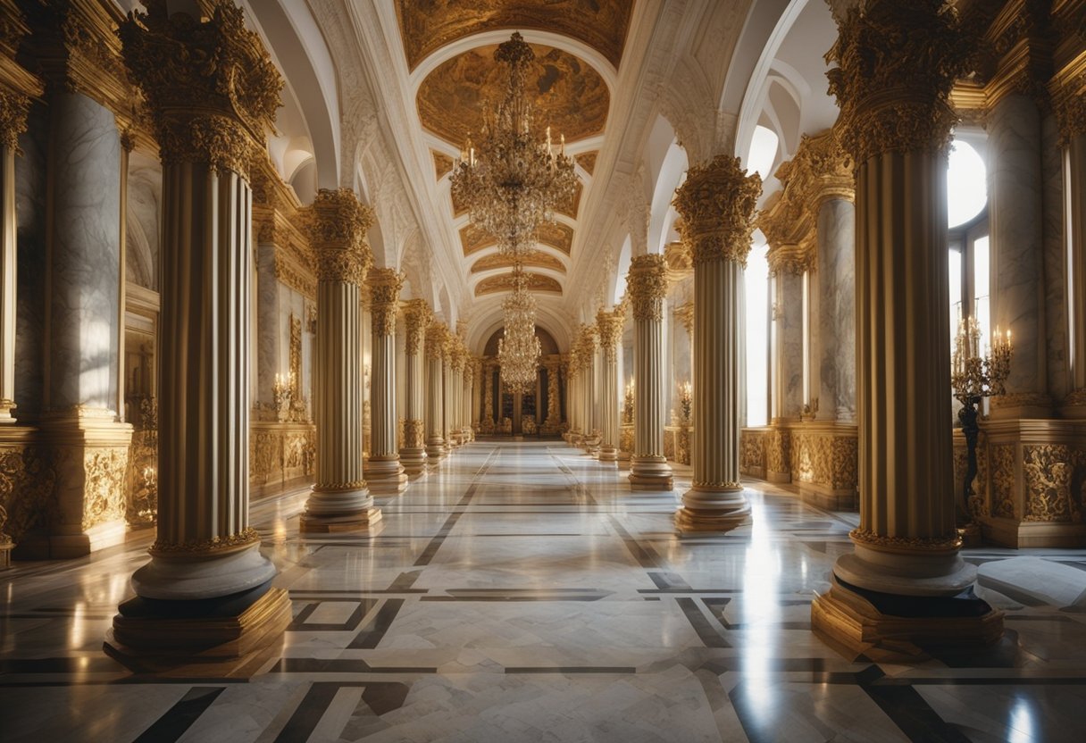 Opulent marble columns, intricate stucco decorations, richly gilded ceilings, and dramatic use of light and shadow in Italian Baroque interiors