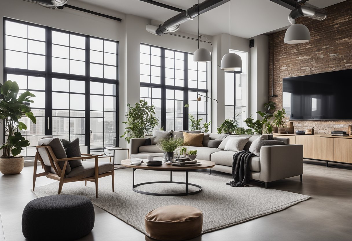 A sleek, open-concept living area with minimalist furniture, clean lines, and industrial accents. Large windows flood the space with natural light, highlighting the neutral color palette and sleek surfaces