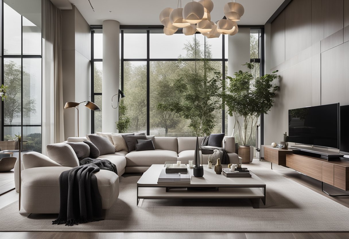 A sleek, modern living room with clean lines, neutral colors, and strategically placed accent pieces. The space exudes sophistication and functionality, with a focus on precision and attention to detail