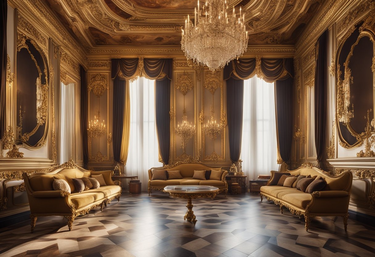 A grand Italian baroque interior with ornate marble columns, intricate gilded moldings, and opulent ceiling frescoes. Rich velvet drapes frame the arched windows, casting a warm, golden glow over the lavish furnishings