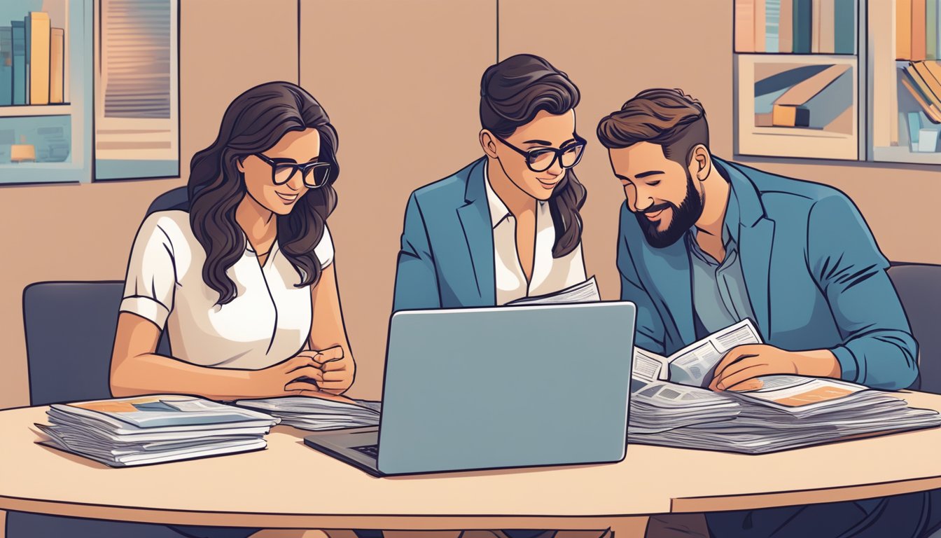A couple sitting at a table, surrounded by wedding magazines and a laptop, discussing loan options with a financial advisor