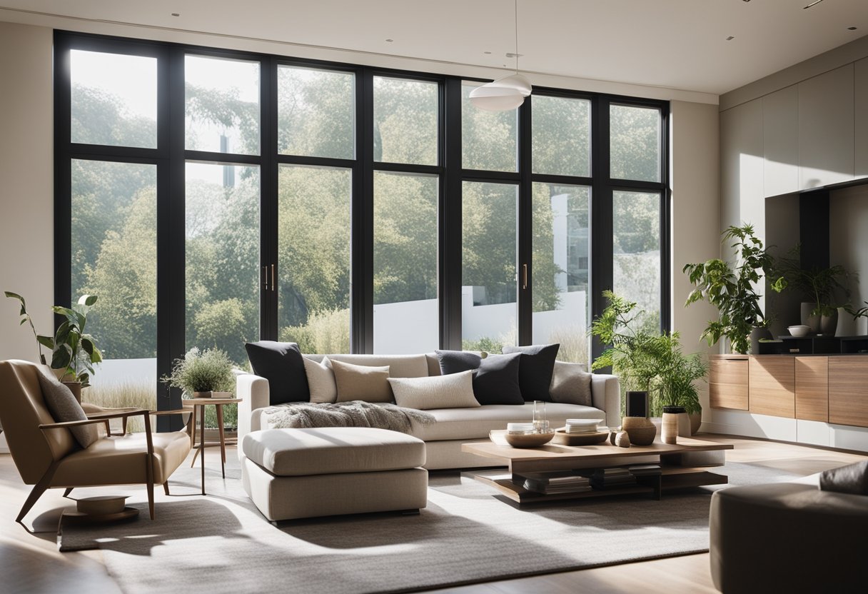 A modern living room with sleek furniture, neutral colors, and natural light streaming in through large windows