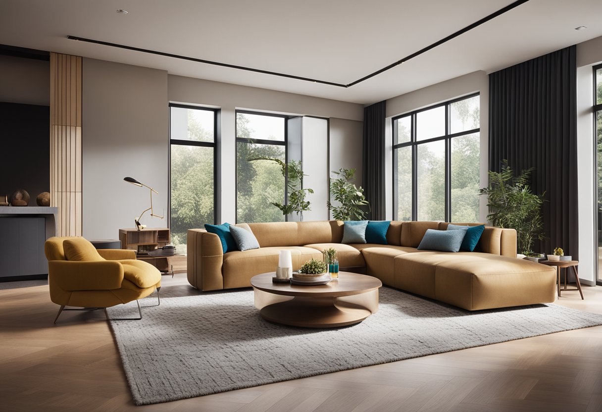 A modern living room with sleek furniture, warm lighting, and pops of color. A large window lets in natural light, and a cozy rug ties the room together