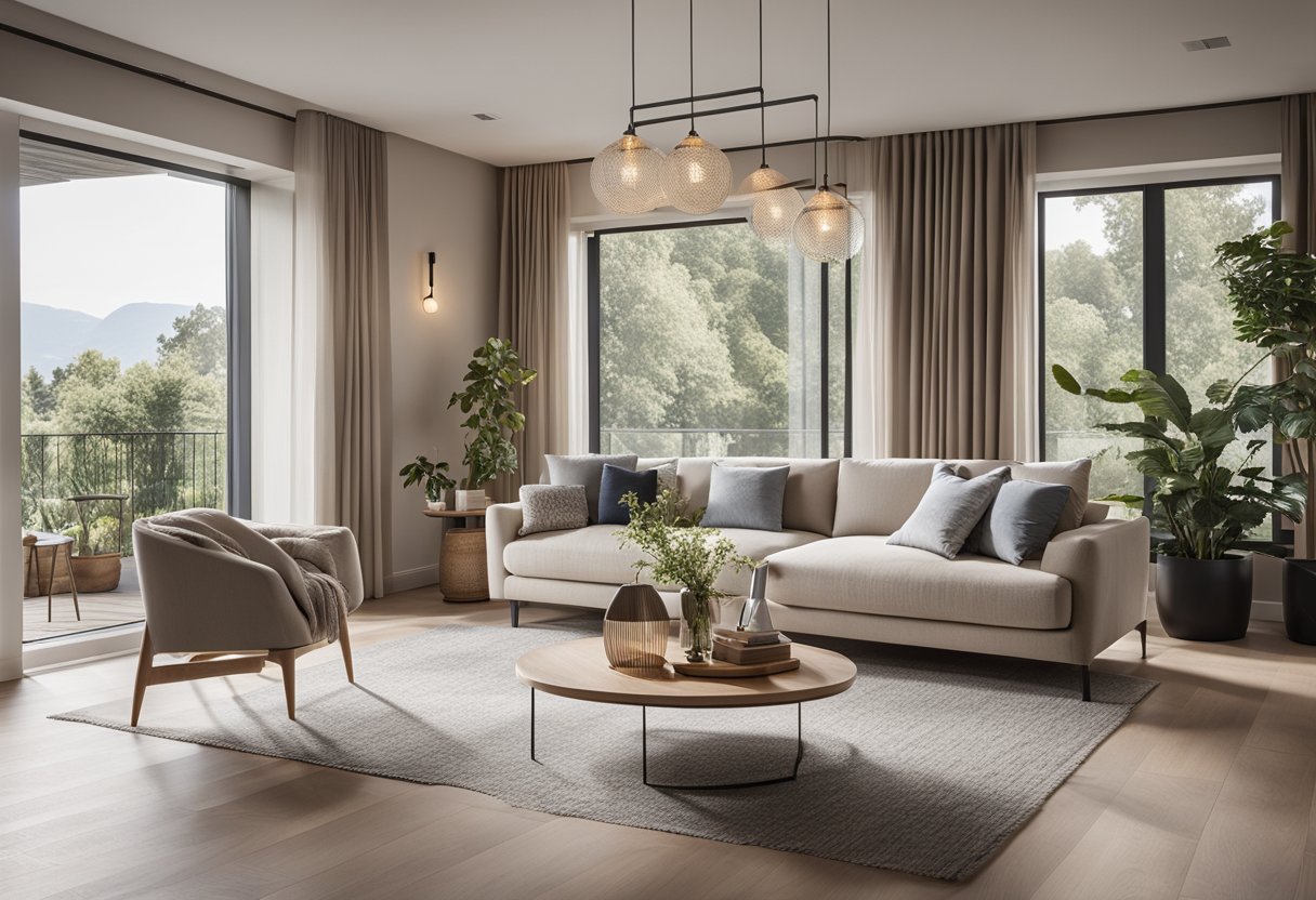 A spacious, well-lit living room with modern furniture, neutral color palette, and tasteful decor. Large windows bring in natural light, creating a cozy and inviting atmosphere