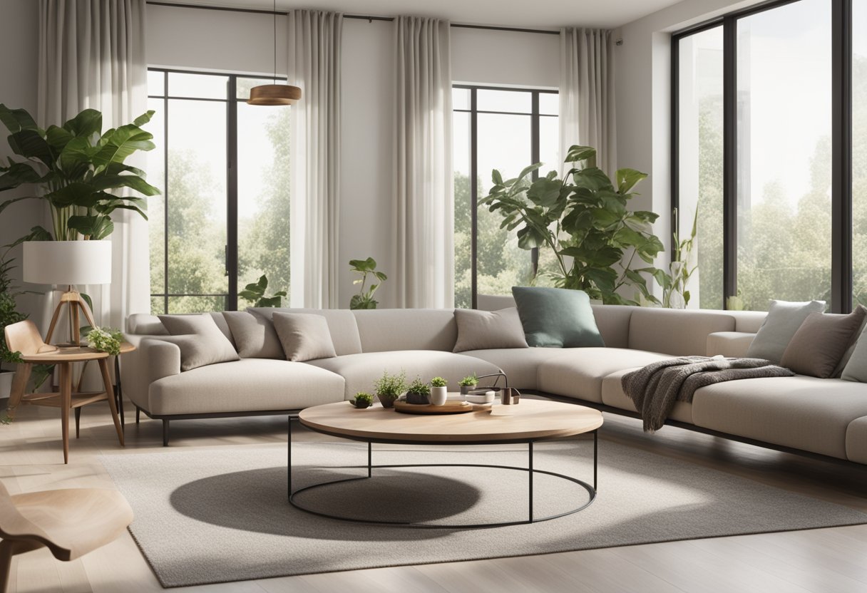 A well-lit, spacious living room with modern furniture and a neutral color palette. A large window provides natural light, and indoor plants add a touch of greenery