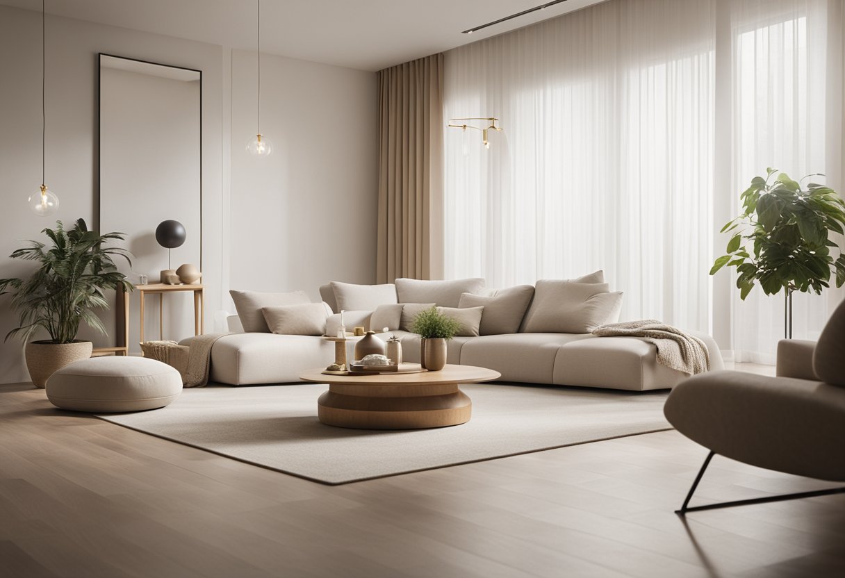 The serene zen interior features minimalist furniture, natural materials, and soft lighting. A neutral color palette creates a sense of calm and tranquility