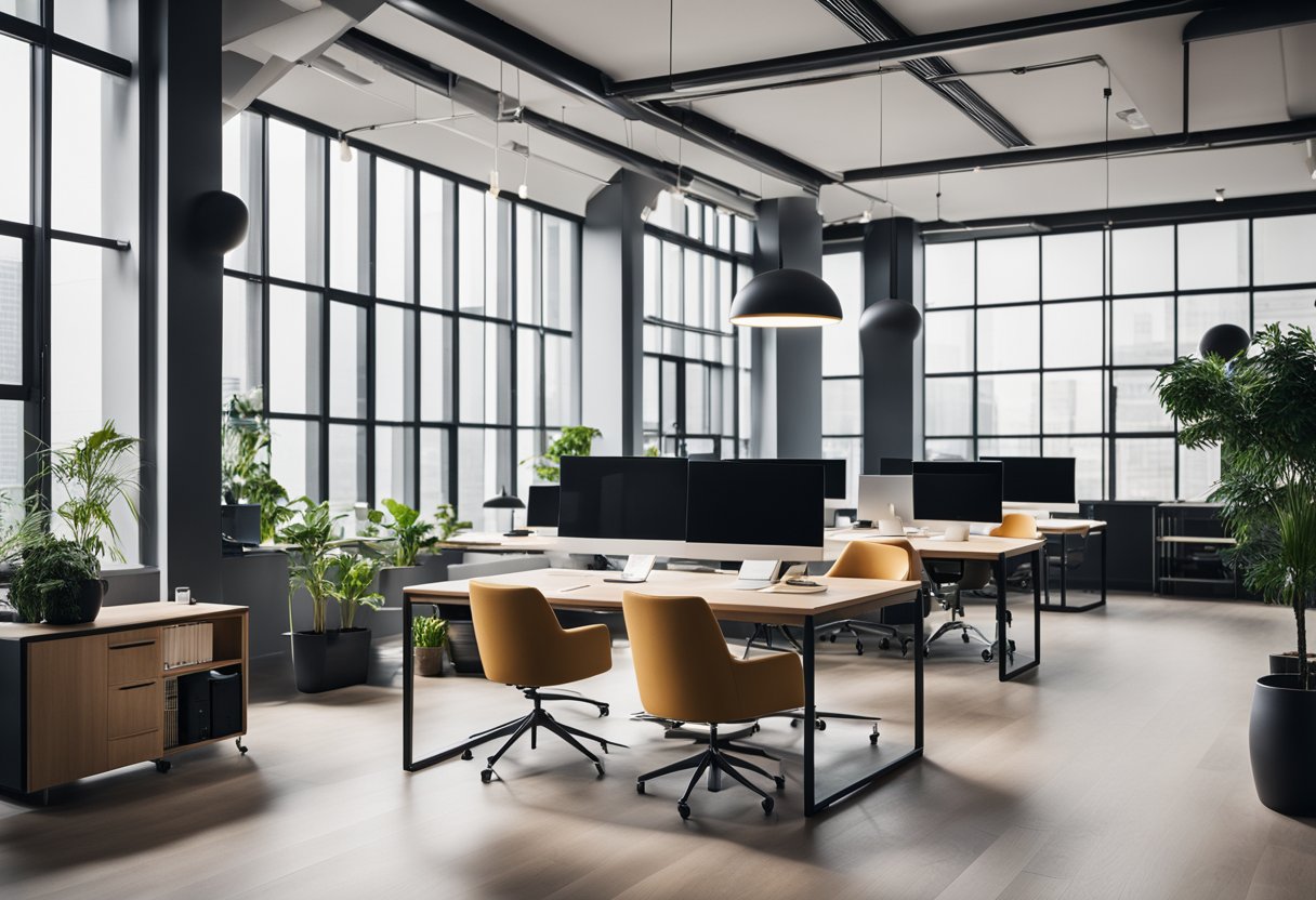 A modern office space with sleek furniture, vibrant accent colors, and ample natural light. Clean lines and a minimalist aesthetic create a professional yet welcoming atmosphere