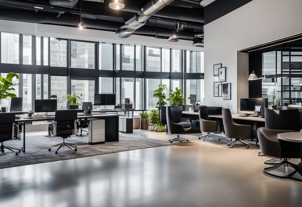 A sleek office space with modern furniture and vibrant decor, showcasing a wall display of logos for various interior design firms