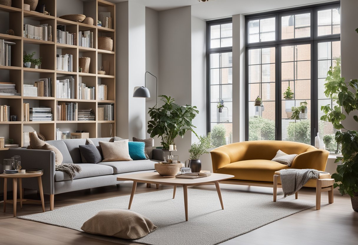 A modern living room with clean lines, natural materials, and pops of color. A cozy reading nook with a plush armchair and a floor-to-ceiling bookshelf. A minimalist kitchen with sleek appliances and plenty of natural light