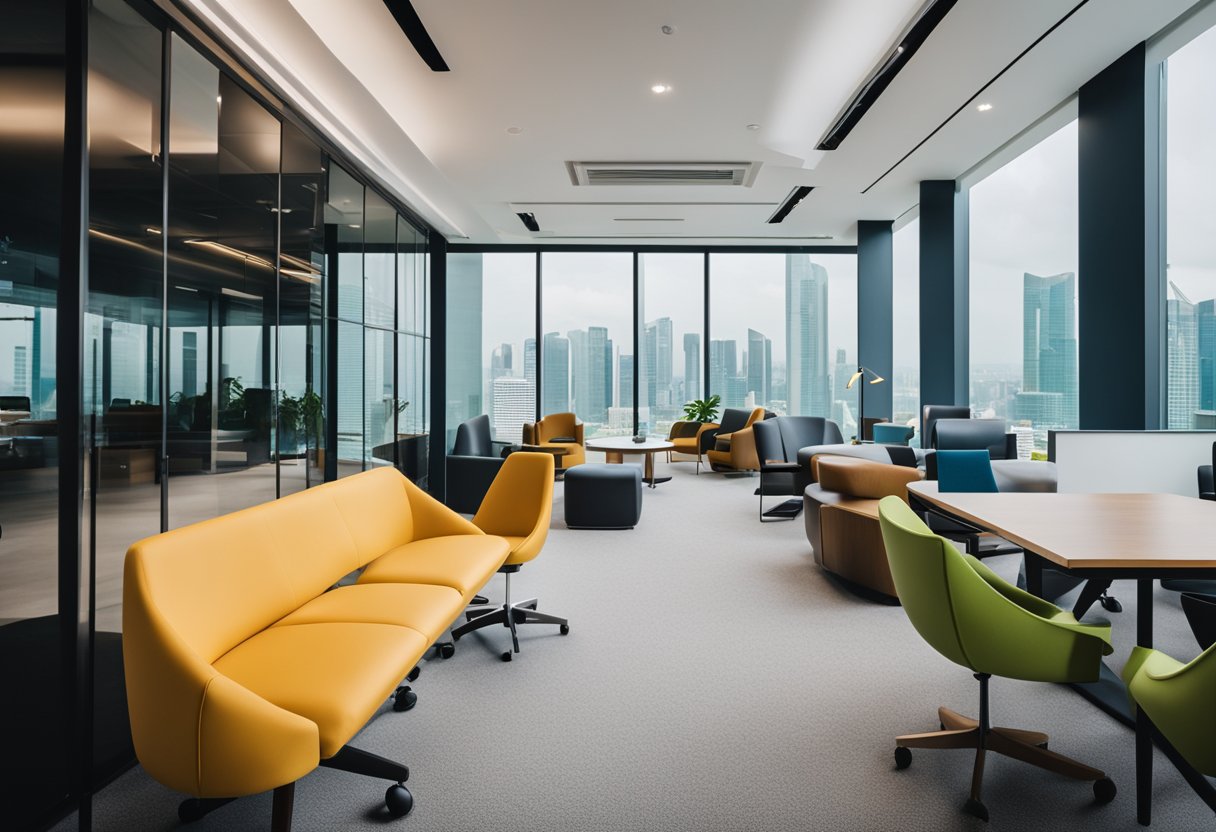 A sleek, modern office space in Singapore, featuring clean lines, vibrant pops of color, and innovative furniture arrangements
