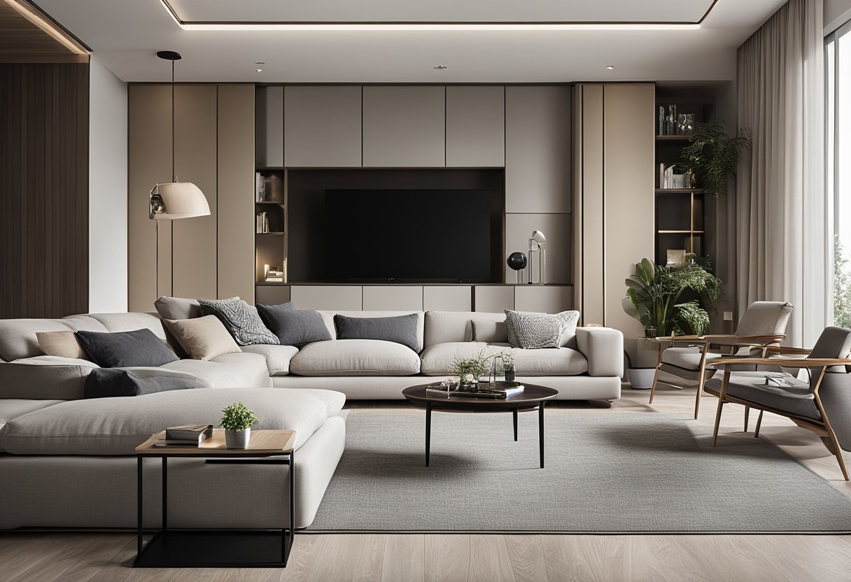 A spacious living room with 80% neutral colors and 20% bold accents. Minimalist furniture and clean lines create a modern, sophisticated atmosphere