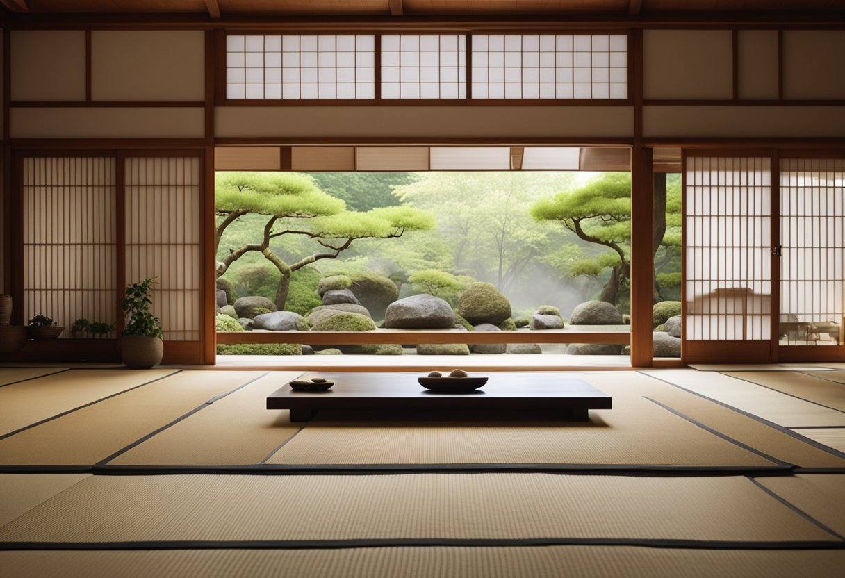 A serene Zen interior with minimal furniture, natural materials, and soft lighting. A tatami mat floor, sliding shoji doors, and a tranquil rock garden complete the space