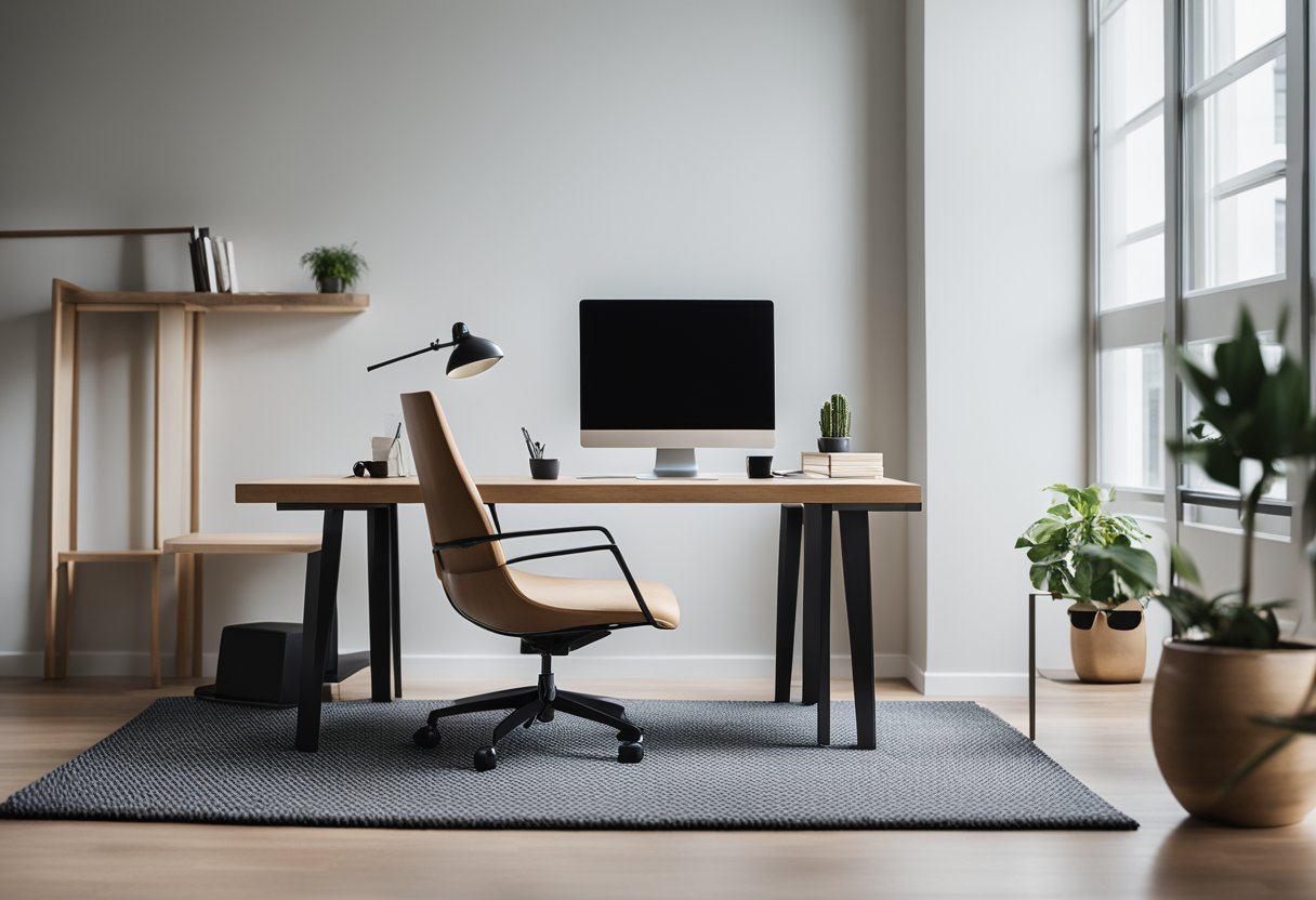 A modern, minimalist office with sleek furniture and bright, natural lighting. A computer and notebook sit on a clean desk, while a stylish rug adds a pop of color to the room