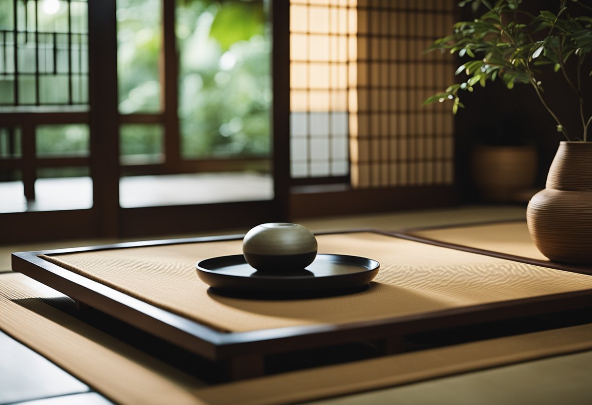 A serene Zen sanctuary with minimal decor, natural materials, and soft lighting. A Japanese tatami mat and low wooden table complete the tranquil space