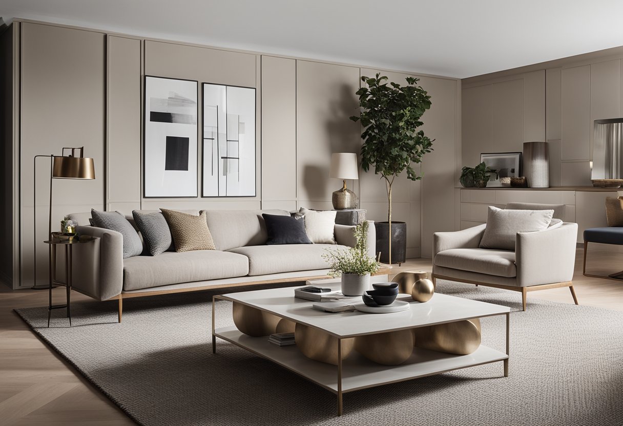 A modern living room with 80% neutral colors and 20% bold accents. Minimalist furniture and clean lines create a balanced and harmonious space